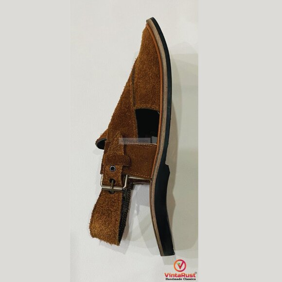Brown Suede Peshawari Sandals, Rustic Brown Suede Peshawari Chappal, - Picture 4 of 7